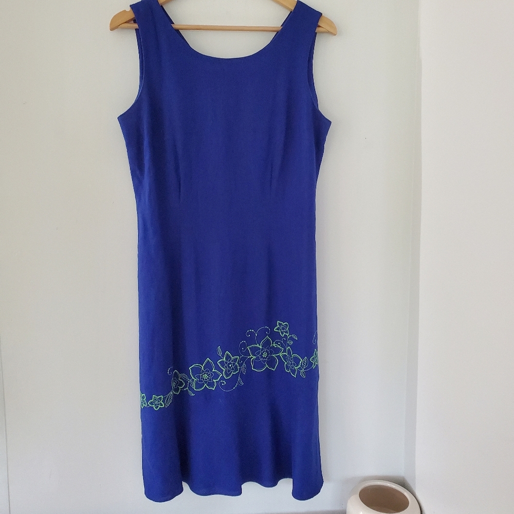 Vintage Linen Rayon Royal Blue Summer Dress Sz 10 Embroidery Coastal Ocean EUC